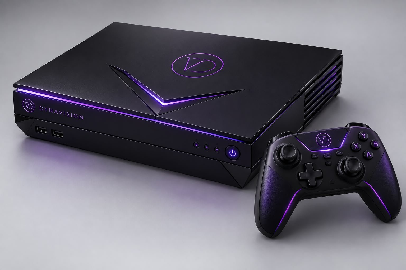 Novo console Dynavision preto com detalhes iluminados em roxo, logo VD no topo e na frente, e um controle sem fio preto e roxo ao lado